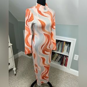 Long sleeve Orange & Blue Tie Dye Maxi Dress Bodycon Dress Size M NWOT